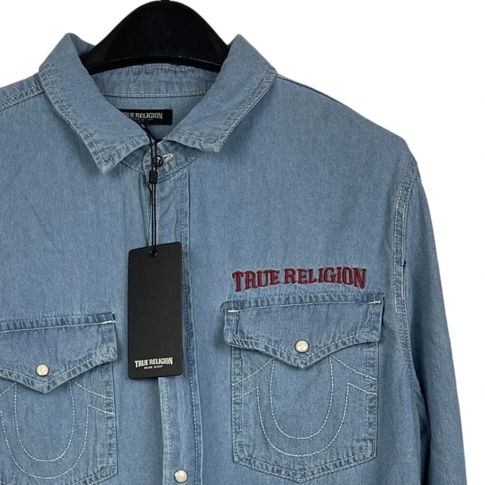 NEW True Religion Denim Long Sleeve Shirt‎ Mens L Western Chambray Pearl Snap